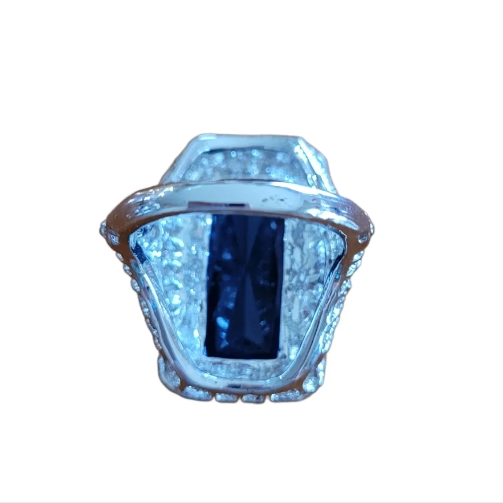 Blue Faux Sapphire Emerald‎ Cut Cocktail Ring Silver Halo Filigree Band Size 7